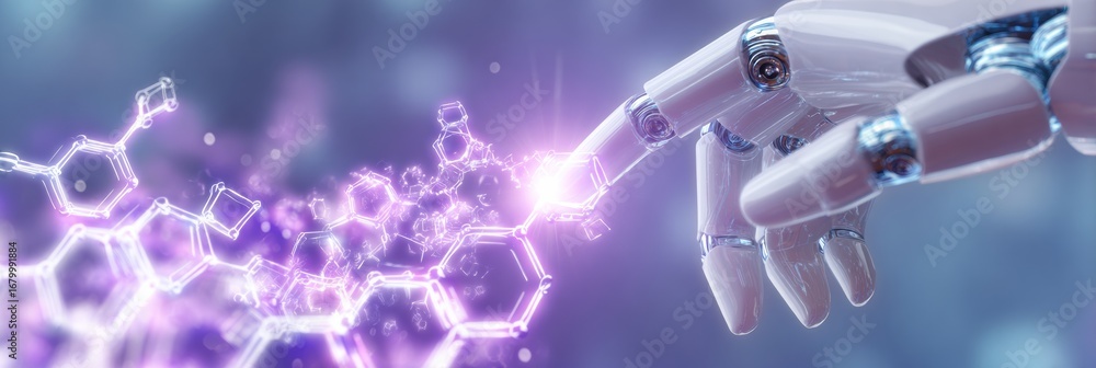 Poster robot hand reaching out to touch glowing molecular structure in a futuristic setting