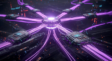 Futuristic Data Hub with Glowing Purple Cables