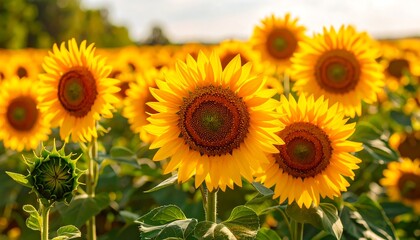 A vibrant field of sunflowers, bathed in golden light, showcases the cheerful beauty of summer.