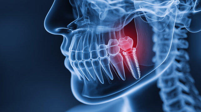 Dental implant being inserted into jawbone x-ray showing teeth and skull