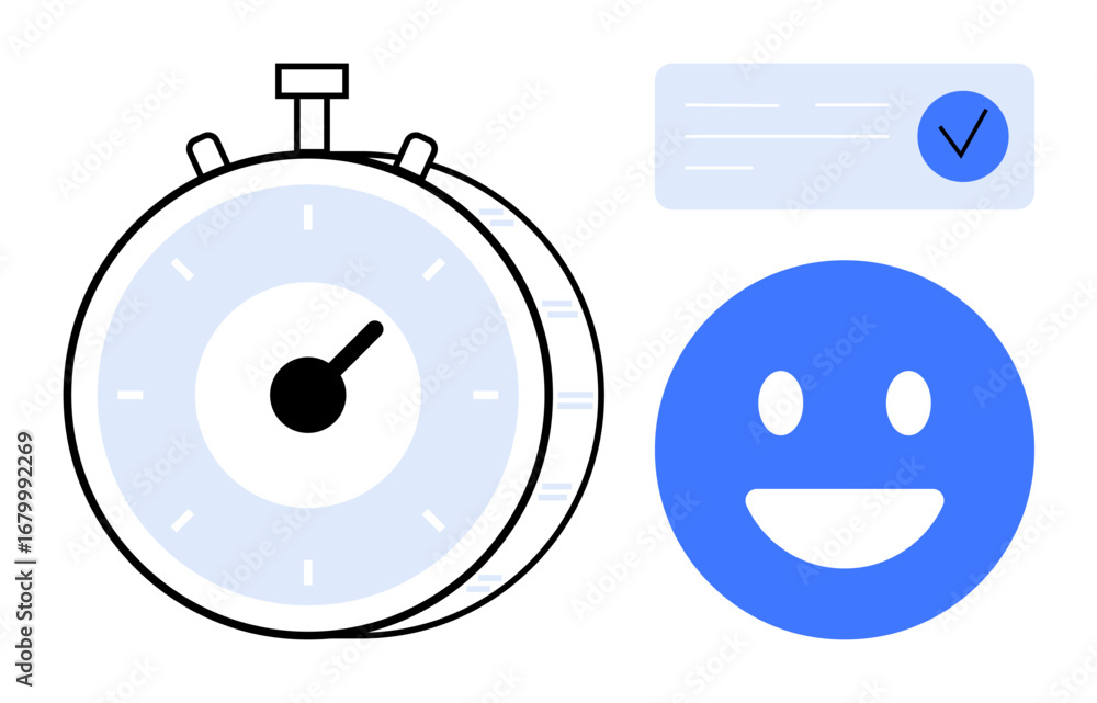 Poster stopwatch measuring time, a checklist with a checkmark, and a happy face symbolizing productivity, p