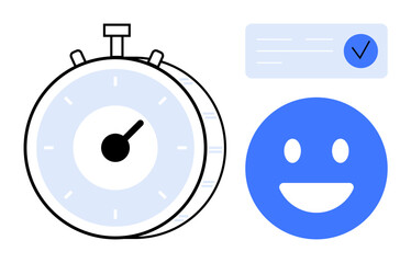 Stopwatch measuring time, a checklist with a checkmark, and a happy face symbolizing productivity, positive outcomes, and success. Ideal for time management, efficiency, productivity tips, task