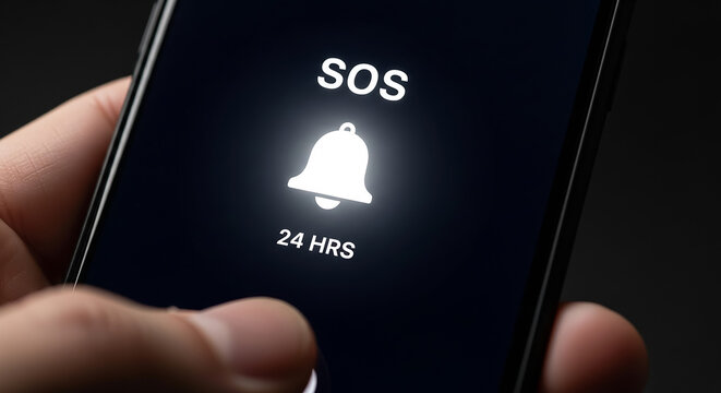 Hand activating sos emergency alert on smartphone for 24 hours