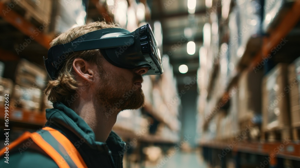 Poster medium shot of worker wearing vr headset practicing warehouse inventory management with sharp focus 