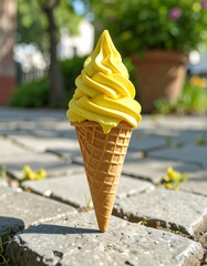 A vibrant yellow ice cream cone, dripping with melted treat, sits balanced on a stone paved path, bathed in outdoor sunlight.