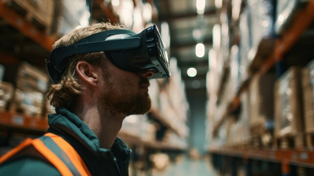 Medium shot of worker wearing VR headset practicing warehouse inventory management with sharp focus on user and blurred background.