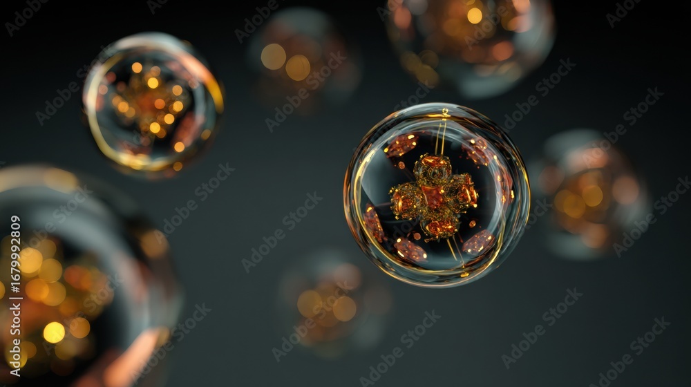Aufkleber floating spheres with golden elements create a mesmerizing visual effect against a dark background i