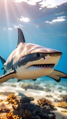 A close-up view of a tiger shark, displaying its sharp teeth and striking coloration against a vibrant underwater backdrop.