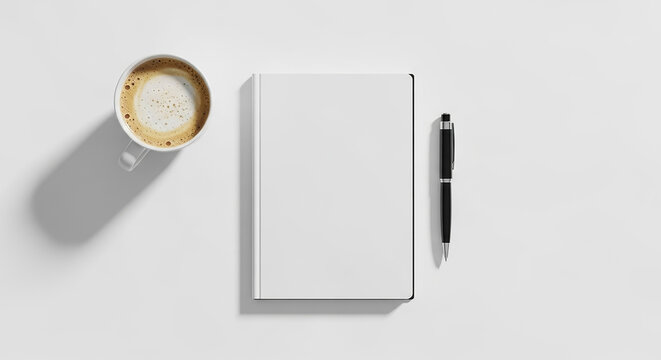 Cappuccino, blank notebook, and pen creating inspiring workspace on white table - Powered by Adobe