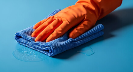 Hand in rubber glove cleaning blue surface with microfiber cloth