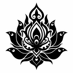 Black Silhouette Sacred Lotus Tribal Ornament Vector Illustration on White Background