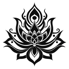 Black Silhouette Sacred Lotus Tribal Ornament Vector Illustration on White Background