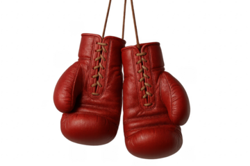 Pair of red leather boxing gloves hanging with transparent background