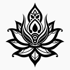 Black Silhouette Sacred Lotus Tribal Ornament Vector Illustration on White Background