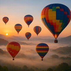 Fototapeta premium Colorful Hot Air Balloons Floating Over Misty Valley at Sunrise Scenic Landscape