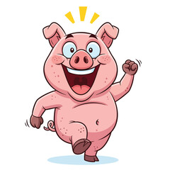 Joyful and energetic pink cartoon pig walking happily with a big smile.