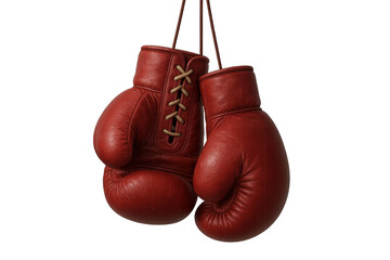 Pair of red leather boxing gloves hanging against transparent background