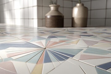 Geometric pastel tile floor in a bright bathroom