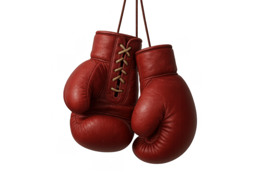 Pair of red leather boxing gloves hanging against transparent background