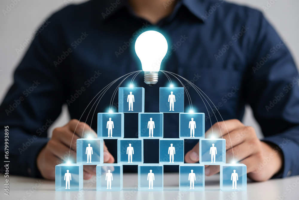 Poster leadership hierarchy structure with lightbulb idea and team connection for business success concept