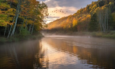 Fototapeta premium Autumnal river scene at dawn
