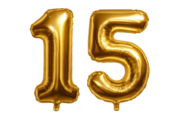 Golden foil balloon number fifteen floating with transparent background