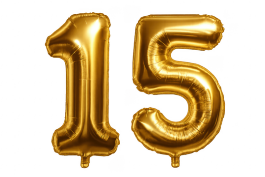 Golden foil balloon number fifteen floating with transparent background