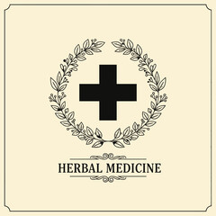 Elegant logo design for herbal medicine, featuring a cross within a green leaf wreath.