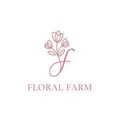 A minimalist logo for a floral farm. Pink tulips and a cursive 'F' create an elegant design.