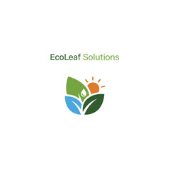 EcoLeaf Solutions logo featuring leaves, sun, and water drop symbolizing eco-friendly practices.