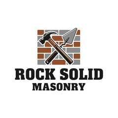 Rock Solid Masonry logo featuring crossed hammer and trowel on brick wall.