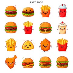 Cute Kawaii Fast Food Characters Set Delicious Burgers Fries Drinks and Snacks.