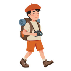 Young cartoon boy traveler with a backpack camera and orange beret walking on an adventure.