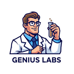A logo design featuring a scientist holding a test tube.  Perfect for a science or technology company.