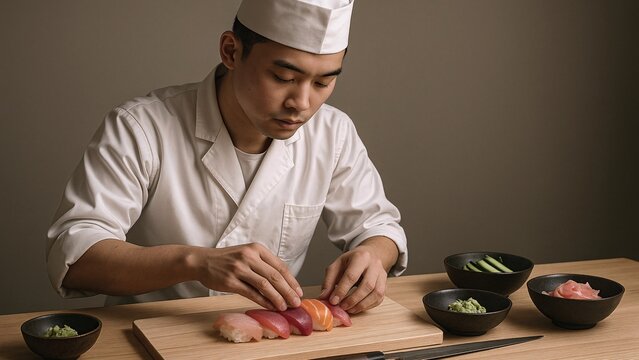 Professional sushi chef carefully arranging colorful nigiri pieces on a wooden board, with bowls of wasabi, pickled ginger, and sliced cucumber nearby, showcasing the art of japanese cuisine