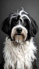 A black and white dog with fluffy, textured fur stares directly into the camera.