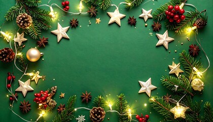 Festive Christmas border design, featuring greenery, lights, stars, and ornaments on a vibrant green background.