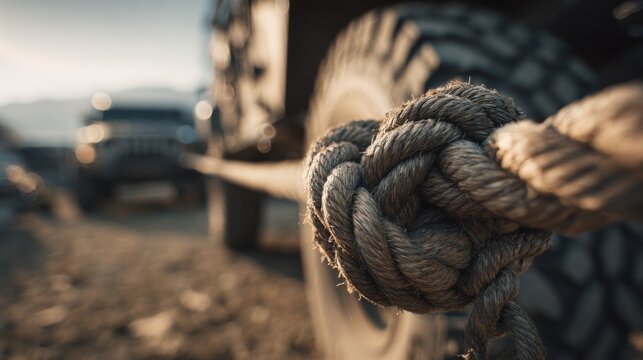 Detailed medium shot capturing a secure rope connection on a vehicles anchor point showcasing silent extraction mechanics with a shallow depth of field rendering the environment