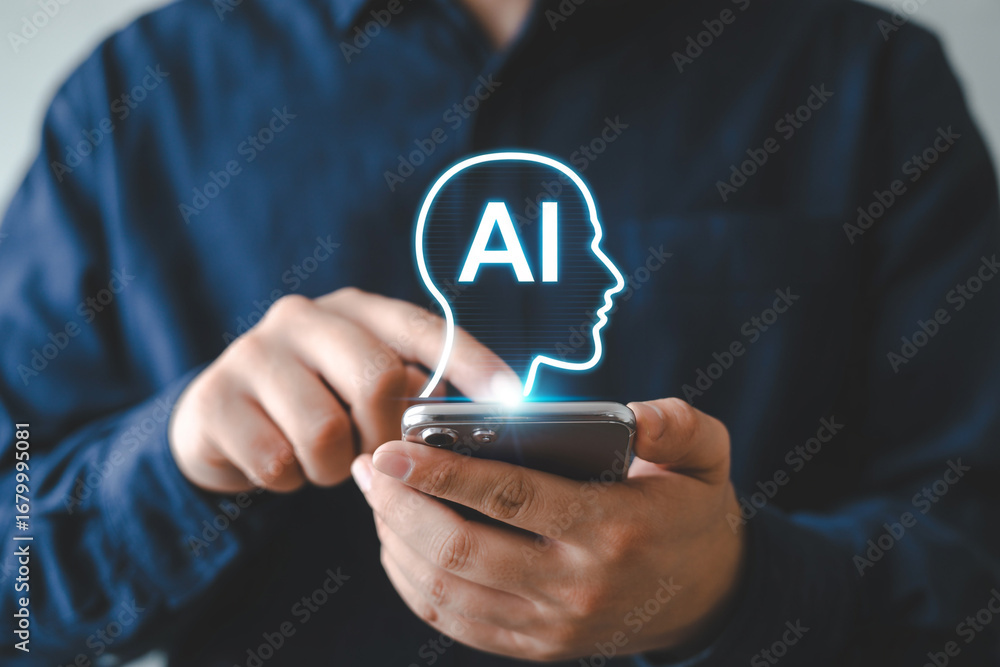 Poster using ai on mobile phone artificial intelligence technology concept digital transformation 100 chara