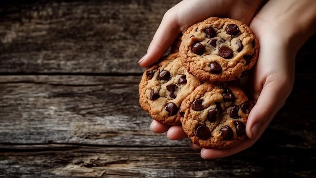 Hands holding chocolate chip cookies dessert close up, homemade baked sweet biscuit snack rustic wooden table background, delicious pastry food photography concept, fresh bakery lifestyle comfort trea
