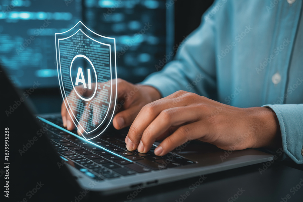 Poster ai cybersecurity protection concept with shield on laptop for data privacy and network security onli