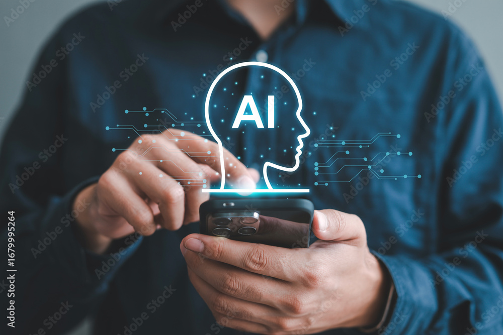 Poster ai technology on mobile phone concept artificial intelligence and machine learning application