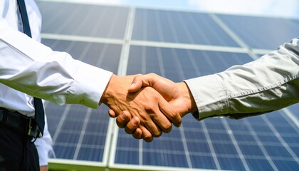 Renewable Energy Partnership Handshake in Front of Solar Panels