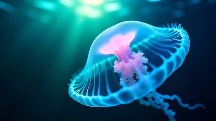 Fototapeta premium Translucent jellyfish floating underwater in deep ocean