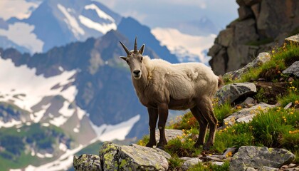 A majestic mountain goat stands proud on a rocky outcrop, gazing out at a breathtaking backdrop of snow-capped peaks.