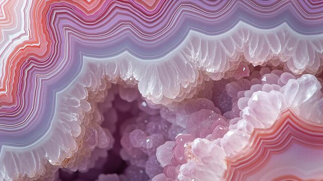 Macro close up of pink purple geode crystal agate texture, abstract mineral gemstone pattern background, natural quartz stone layers artistic surface, geology rock formation colorful design concept