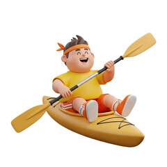 A cheerful cartoon boy with a headband is kayaking in a yellow kayak, holding a paddle and smiling.