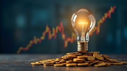 Glowing lightbulb on coins with rising stock chart illustrating financial investment and success