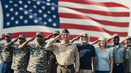 Group of Diverse Military Personnel Saluting American Flag Together