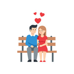 Romantic couple sitting on park bench surrounded by hearts for Valentine’s Day love theme